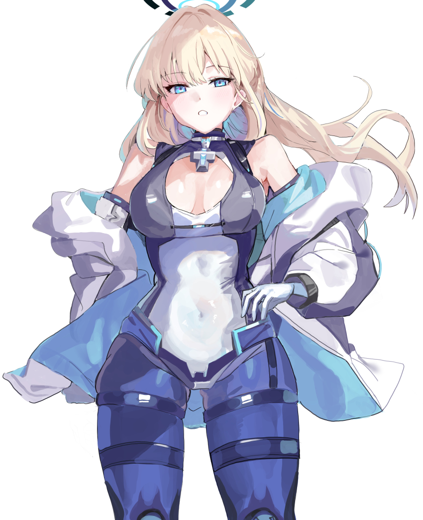 1girl absurdres alternate_costume blonde_hair blue_archive blue_eyes blue_halo bodysuit cleavage_cutout clothing_cutout coat covered_navel ggab0621 halo highres long_hair multicolored_bodysuit multicolored_clothes open_clothes open_coat solo toki_(blue_archive) two-tone_bodysuit white_coat