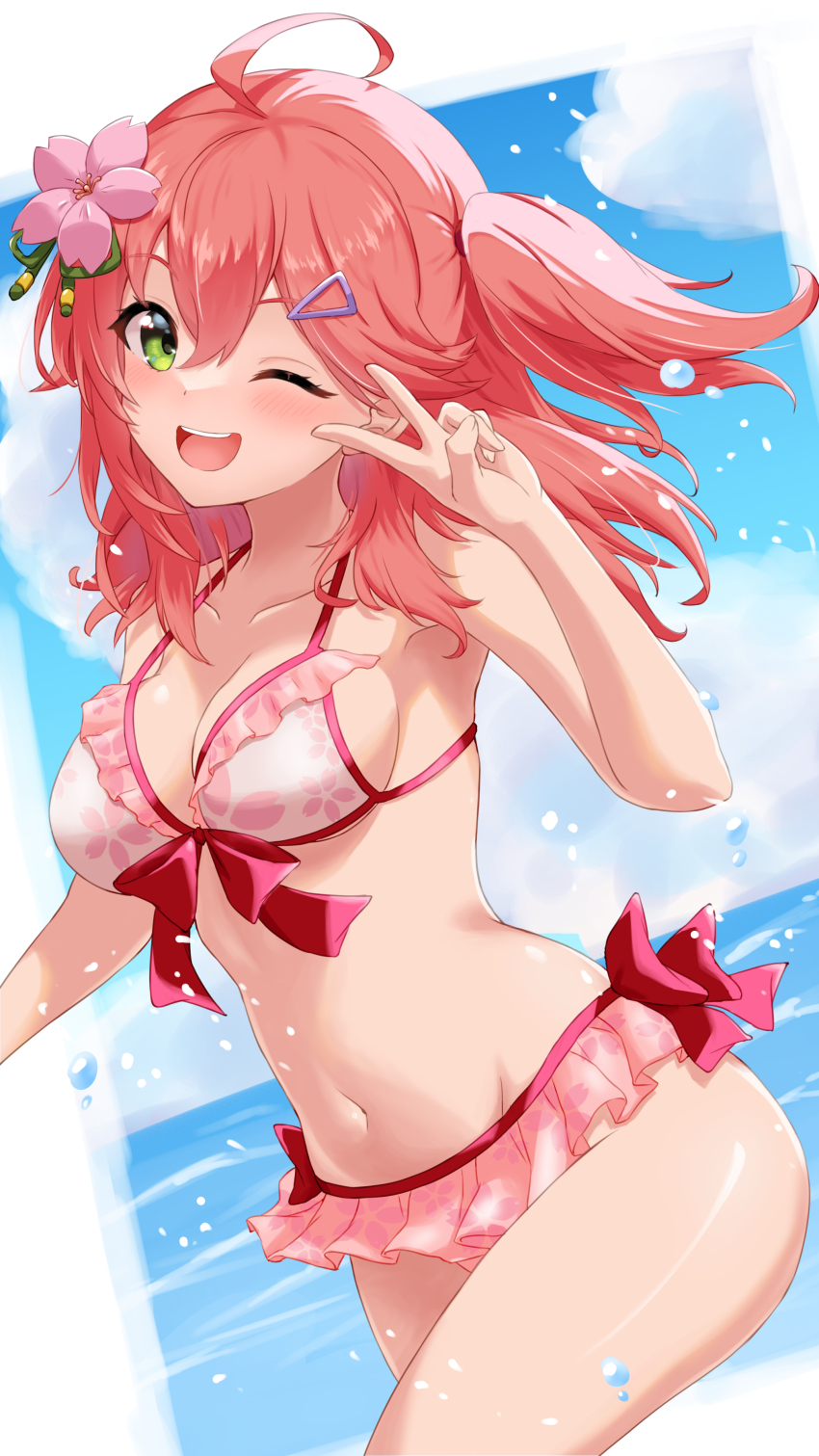 1girl absurdres breasts cleavage green_eyes highres hololive looking_at_viewer medium_breasts medium_hair nushiya_(ayihsem) one_eye_closed open_mouth pink_hair sakura_miko sakura_miko_(hololive_summer_2019) smile solo swimsuit virtual_youtuber