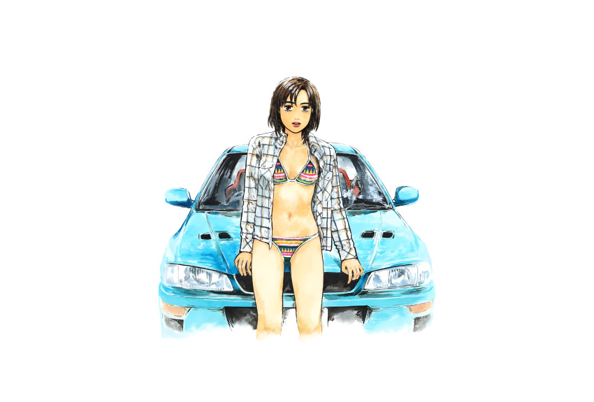 1girl belly bikini bottomless breasts brown_eyes brown_hair buttons car comic cover cover_page day dress_shirt highres initial_d lips lipstick looking_at_viewer makeup manga_cover medium_breasts motor_vehicle navel official_art open_clothes open_mouth open_shirt outdoors plaid_clothes plaid_shirt pocket red_lips right-hand_drive shigeno_shuuichi shirt short_hair smile solo standing subaru subaru_(brand) subaru_impreza swept_bangs swimsuit uehara_mika vehicle vehicle_focus