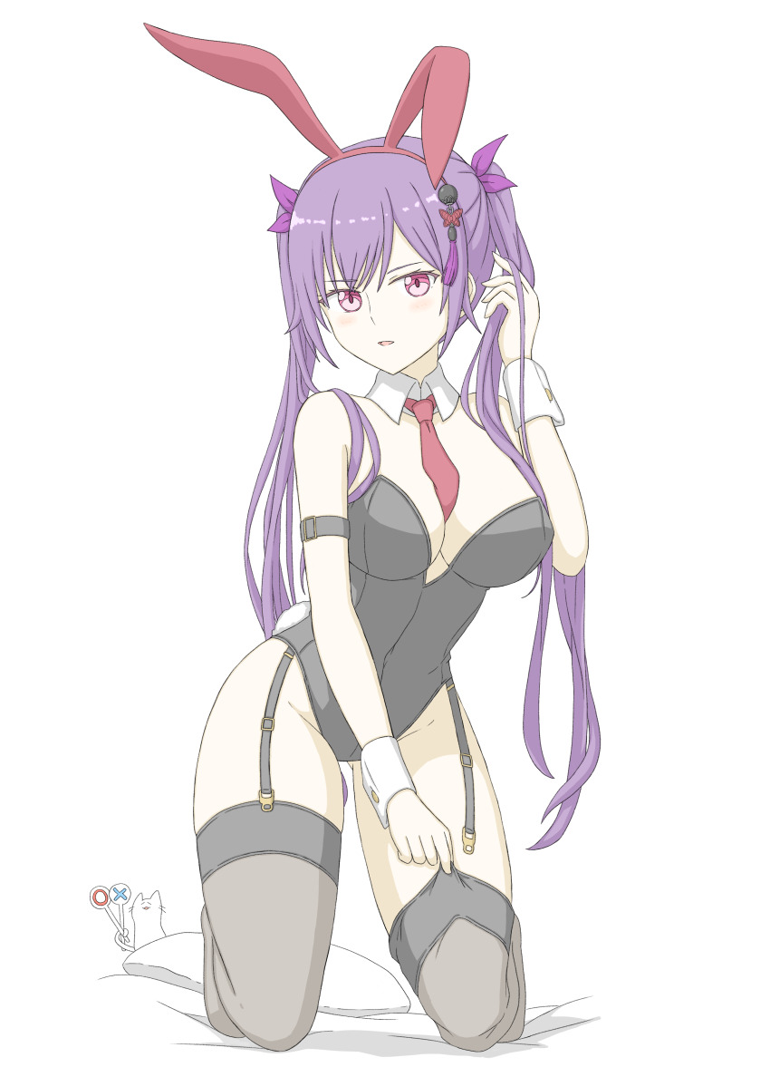 1girl absurdres adjusting_clothes adjusting_legwear animal animal_ears arm_behind_back assault_lily bed_sheet belt between_breasts black_belt black_leotard black_thighhighs blush breasts cat commentary covered_navel detached_collar fake_animal_ears fake_tail full_body garter_straps groin hair_ornament hair_ribbon hairband highres holding holding_own_hair holding_sign holding_with_tail kneeling large_breasts leotard long_hair looking_at_viewer matsumura_fuuka necktie necktie_between_breasts no_shoes parted_lips pillow pink_eyes playboy_bunny prehensile_tail purple_hair purple_ribbon rabbit_ears rabbit_tail red_hairband red_necktie ribbon sign simple_background solo strapless strapless_leotard tail tassel tassel_hair_ornament thighhighs tsukimizake twintails very_long_hair white_background wrist_cuffs