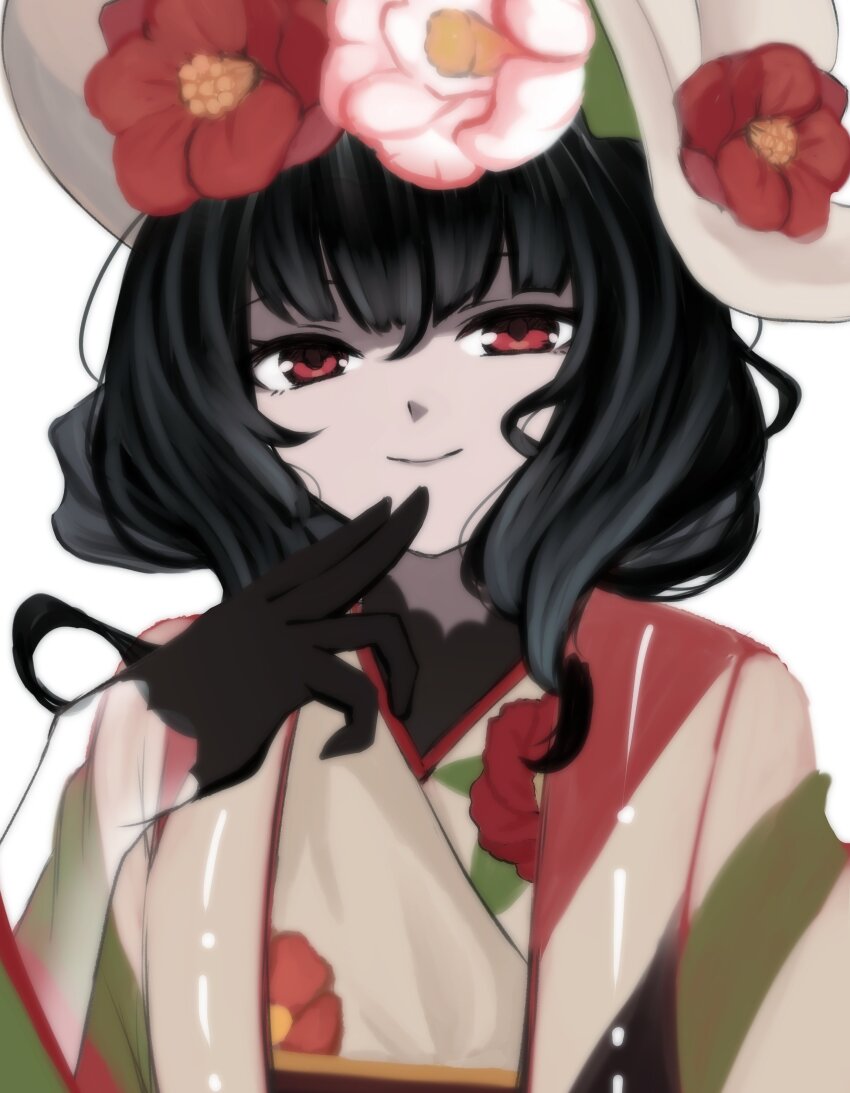 1girl absurdres benghuai_xueyuan black_gloves black_hair blurry closed_mouth finger_to_face floral_print floral_print_kimono flower gloves half_gloves hat hat_flower highres honkai_(series) japanese_clothes kimono light_smile looking_at_viewer red_eyes red_flower sakura_(benghuai_xueyuan) satoyukitowa short_hair simple_background solo upper_body wavy_hair white_background white_flower white_hat