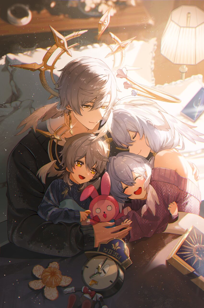 2boys 2girls :d absurdres aged_down blue_sweater brother_and_sister clockie_(honkai:_star_rail) closed_eyes doll family feathered_wings food fruit grey_hair hair_between_eyes halo halo_behind_head head_wings highres honkai:_star_rail honkai_(series) hug isobe47 long_hair long_sleeves medium_hair multiple_boys multiple_girls on_bed open_mouth orange_(fruit) pillow siblings smile spiked_halo sunday_(honkai:_star_rail) sweater three-quarter_sleeves white_wings wings yellow_eyes