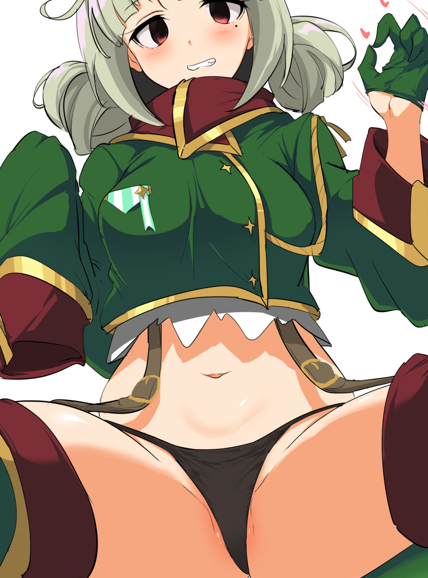 1girl absurdres araga_kiwi black_panties blush breasts cropped_jacket double_bun garter_belt gloves green_gloves green_hair green_jacket groin hair_bun half_gloves heart highres insignia jacket large_breasts leoparde_(mahou_shoujo_ni_akogarete) mahou_shoujo_ni_akogarete medium_hair midriff military_jacket mole mole_under_eye momio navel ok_sign open_mouth panties partially_visible_vulva red_eyes simple_background smile solo spread_legs teeth underwear white_background