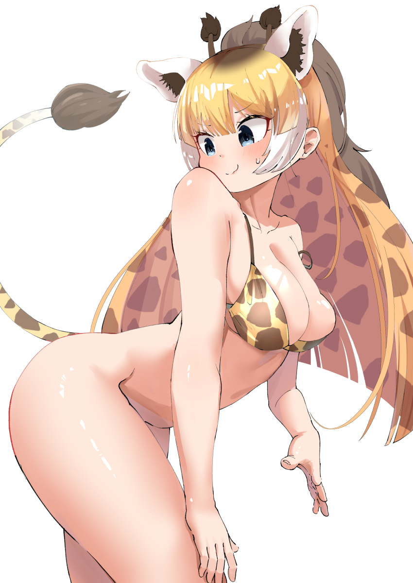 1girl absurdres animal_ear_fluff animal_ears animal_print arched_back bent_over bikini bikini_top_only blonde_hair blue_eyes blush bottomless breasts brown_hair closed_mouth collarbone extra_ears fingernails from_side giraffe_ears giraffe_horns giraffe_print giraffe_tail hand_on_own_thigh highres horns kemono_friends long_hair looking_back mappuri medium_breasts multicolored_hair outstretched_arm parted_lips print_bikini reticulated_giraffe_(kemono_friends) shiny_skin sidelocks simple_background skindentation smile solo stomach strap_slip swimsuit tail v-shaped_eyebrows very_long_hair white_background white_hair