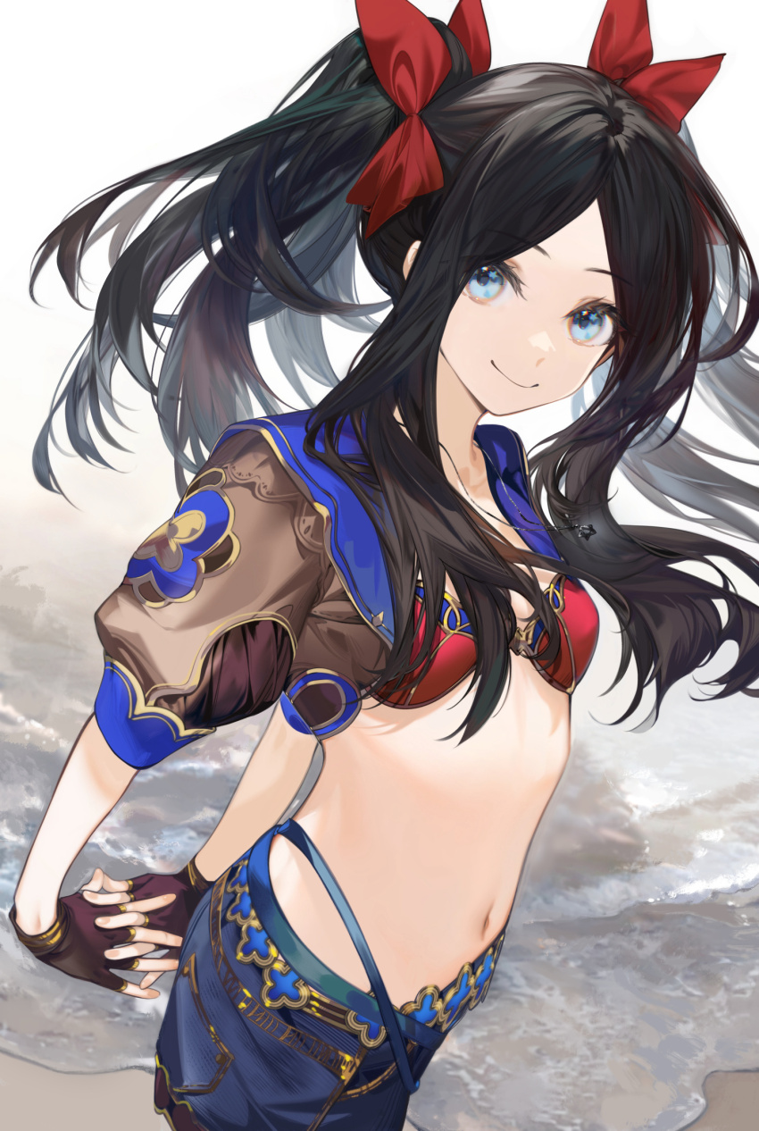 1girl alternate_hair_color arlizi arms_behind_back beach belt bikini bikini_top_only black_gloves black_hair blue_eyes blue_shorts bow breasts brown_jacket closed_mouth cowboy_shot cropped_jacket dutch_angle fate/grand_order fate_(series) fingerless_gloves floating_hair gloves gold_trim hair_bow hair_spread_out highres interlocked_fingers jacket jewelry leonardo_da_vinci_(fate) leonardo_da_vinci_(fate/grand_order) leonardo_da_vinci_(rider)_(fate) leonardo_da_vinci_(swimsuit_ruler)_(fate) long_hair looking_at_viewer navel necklace ocean outdoors parted_hair puffy_short_sleeves puffy_sleeves red_bikini red_bow revision short_sleeves shorts sidelocks small_breasts smile solo standing star_(symbol) star_in_eye star_necklace stomach swimsuit symbol_in_eye twintails water waves