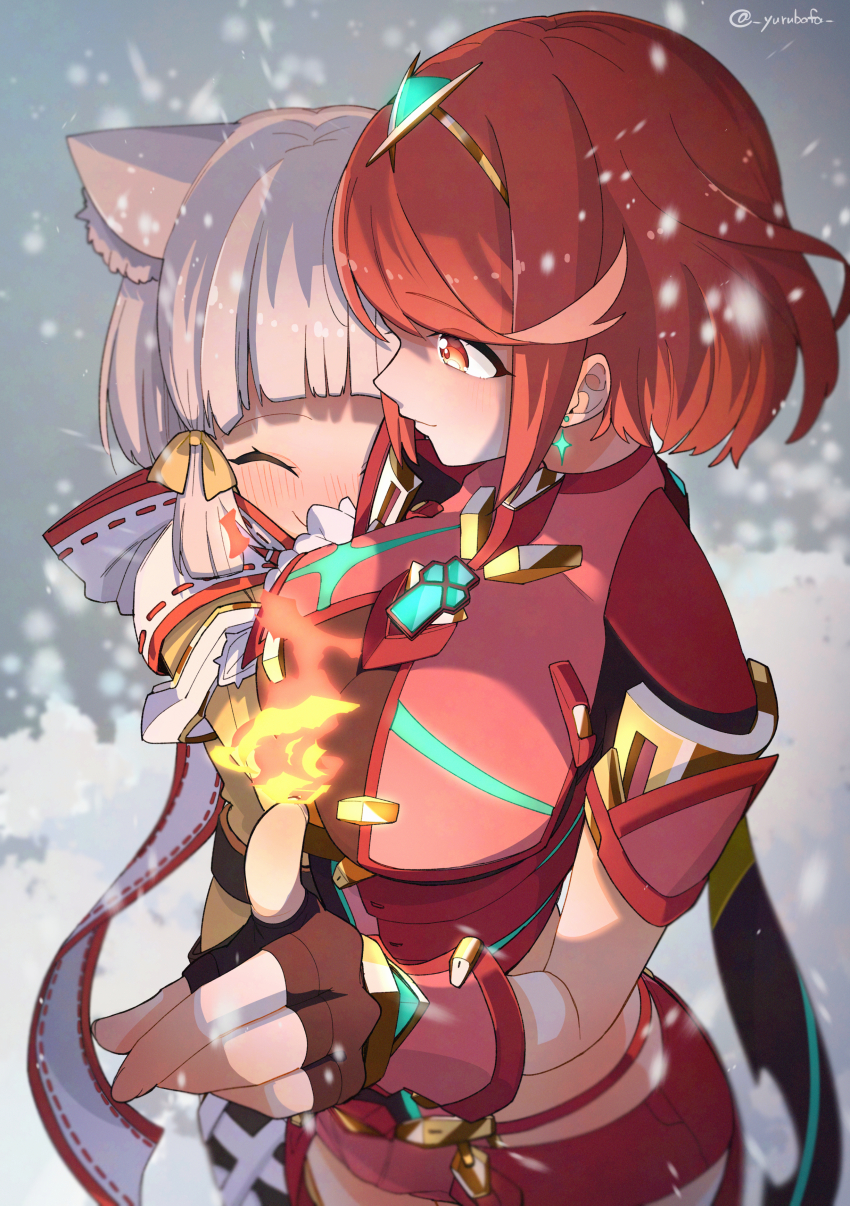 absurdres animal_ears bafarin bodysuit cat_ears chest_jewel core_crystal_(xenoblade) earrings floating_earring headpiece highres jumpsuit nia_(xenoblade) pyra_(xenoblade) red_hair red_shorts shorts swept_bangs tiara xenoblade_chronicles_(series) xenoblade_chronicles_2 yellow_bodysuit yellow_jumpsuit