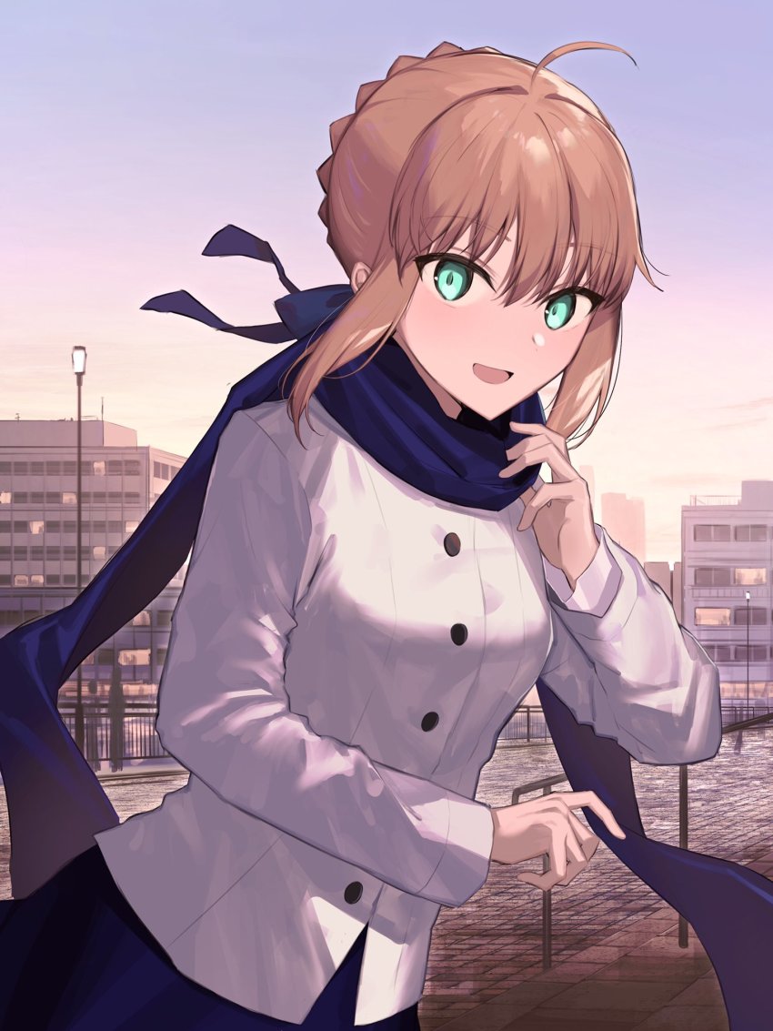 1girl ahoge artoria_pendragon_(fate) blonde_hair blue_scarf braid braided_bun building coat duffel_coat dutch_angle fate/stay_night fate_(series) green_eyes hair_bun hair_ornament hair_ribbon happy highres long_sleeves looking_at_viewer official_alternate_costume open_mouth outdoors park ribbon saber_(fate) scarf short_hair skirt sky smile solo standing tamitami