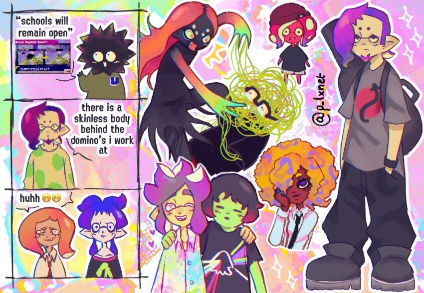 3girls 6+boys black_dress black_footwear black_hair black_necktie black_pants black_shirt cephalopod_eyes character_request collared_shirt colored_skin dark-skinned_female dark_side_of_the_moon dark_skin dress english_text facial_hair fighting finn_feeder_(splatoon) goatee gradient_hair green_skin grey_shirt hair_over_one_eye ichiya_(splatoon) quinn_(splatoon) long_hair long_sleeves multicolored_hair multiple_boys multiple_girls murasaki_(splatoon) nami_(splatoon) necktie nintendo octoling orange_hair outline over-rim_eyewear p_lxnet pants patterned_hair pink_floyd print_shirt purple_eyes purple_hair red_hair semi-rimless_eyewear shirt shoes short_sleeves speech_bubble splatoon_(series) splatoon_3 tangle_feeder_(splatoon) tao_blu tentacle_hair white_outline white_shirt