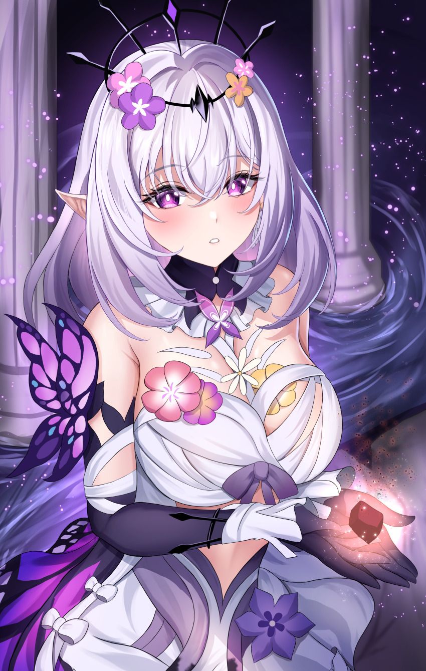 1girl :o absurdres bare_shoulders breasts castorice_(honkai:_star_rail) clothing_cutout commentary_request dress flower_ornament gloves head_wreath highres holding honkai:_star_rail honkai_(series) large_breasts long_hair pointy_ears purple_eyes purple_gloves purple_hair shouhaku0512 solo stomach_cutout upper_body white_dress