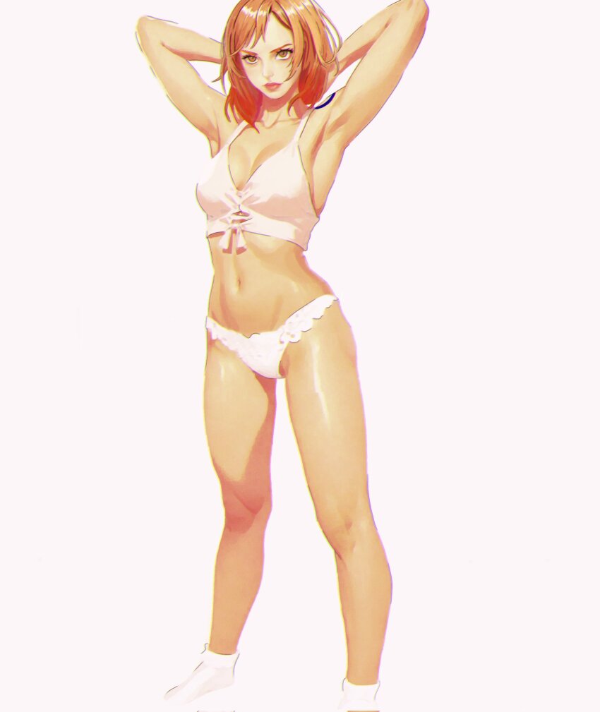 1girl ai-assisted alternate_costume ankle_socks armpits arms_behind_head arms_up breasts camisole chromatic_aberration crop_top full_body heyy_vivii highres looking_at_viewer medium_breasts nami_(one_piece) navel one_piece orange_eyes orange_hair panties pink_lips short_hair shoulder_tattoo socks solo standing tattoo underwear white_camisole white_panties white_socks