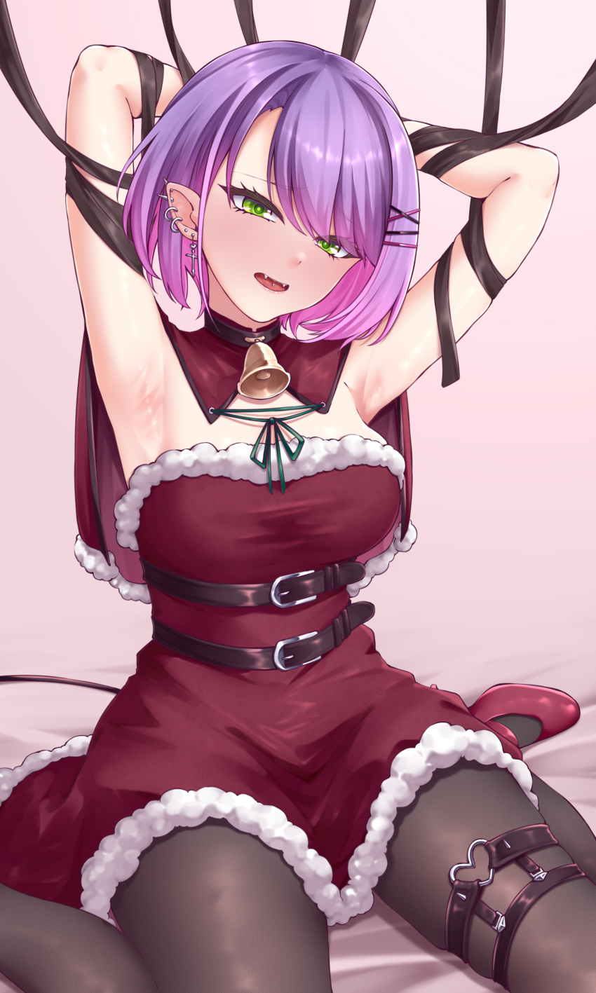 1girl bare_shoulders christmas green_eyes hololive looking_at_viewer open_mouth purple_hair santa_costume short_hair solo tokoyami_towa zellam