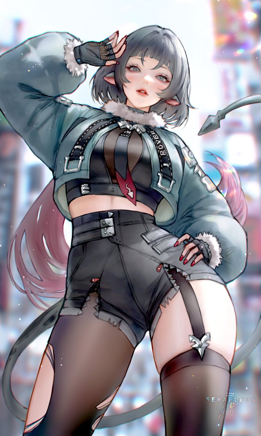 1girl black_pantyhose black_shorts blunt_bangs blurry cowboy_shot fingerless_gloves fingernails fur-trimmed_jacket fur_trim gloves green_eyes green_hair green_jacket hand_on_own_hip highres jacket jane_doe_(zenless_zone_zero) light_blush looking_at_viewer multicolored_hair nail_polish pantyhose red_hair red_nails serafleur shorts sidelocks smile solo standing tail thighs torn_clothes torn_pantyhose zenless_zone_zero