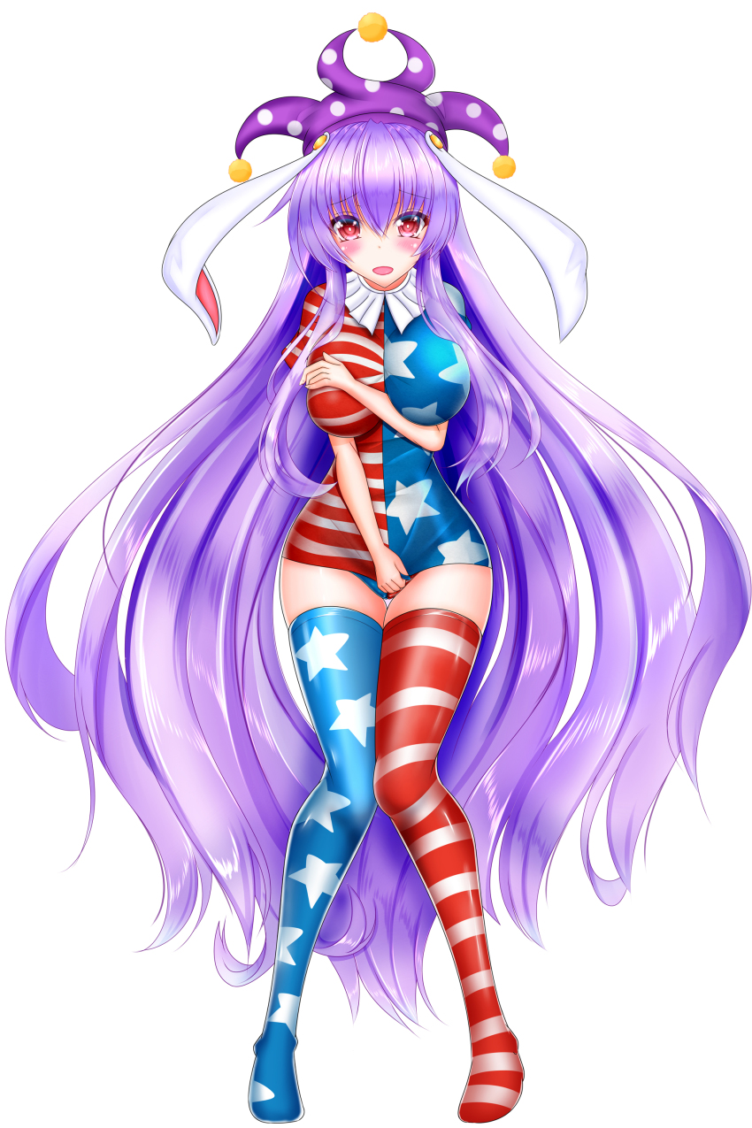 1girl absurdly_long_hair absurdres alternate_legwear american_flag american_flag_dress american_flag_legwear american_flag_panties american_flag_print animal_ears blush breast_suppress breasts clownpiece clownpiece_(cosplay) cosplay covering_breasts covering_crotch covering_privates dress dress_tug embarrassed female_focus flag_print hat highres jester_cap kou_(inaba) large_breasts light_purple_hair long_hair microdress neck_ruff panties print_panties rabbit_ears red_eyes reisen_udongein_inaba sidelocks solo tears thighhighs touhou underwear very_long_hair