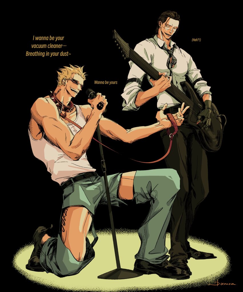 2boys black_background black_gloves black_hair black_pants blonde_hair collar collared_shirt crocodile_(one_piece) damon_(damonn_h) detached_pants donquixote_doflamingo earrings english_text gloves green_shorts grey_necktie guitar hand_tattoo highres holding holding_guitar holding_instrument holding_microphone_stand holding_own_leash holding_plectrum instrument jewelry leg_tattoo looking_at_another male_focus medium_hair microphone_stand multiple_boys muscular muscular_male music necktie on_one_knee one_piece open_mouth pants playing_instrument plectrum scar scar_on_face shirt shorts singing single_glove skull_tattoo sleeveless sleeveless_shirt smile spiked_collar spikes stitches sunglasses tattoo teeth white_shirt