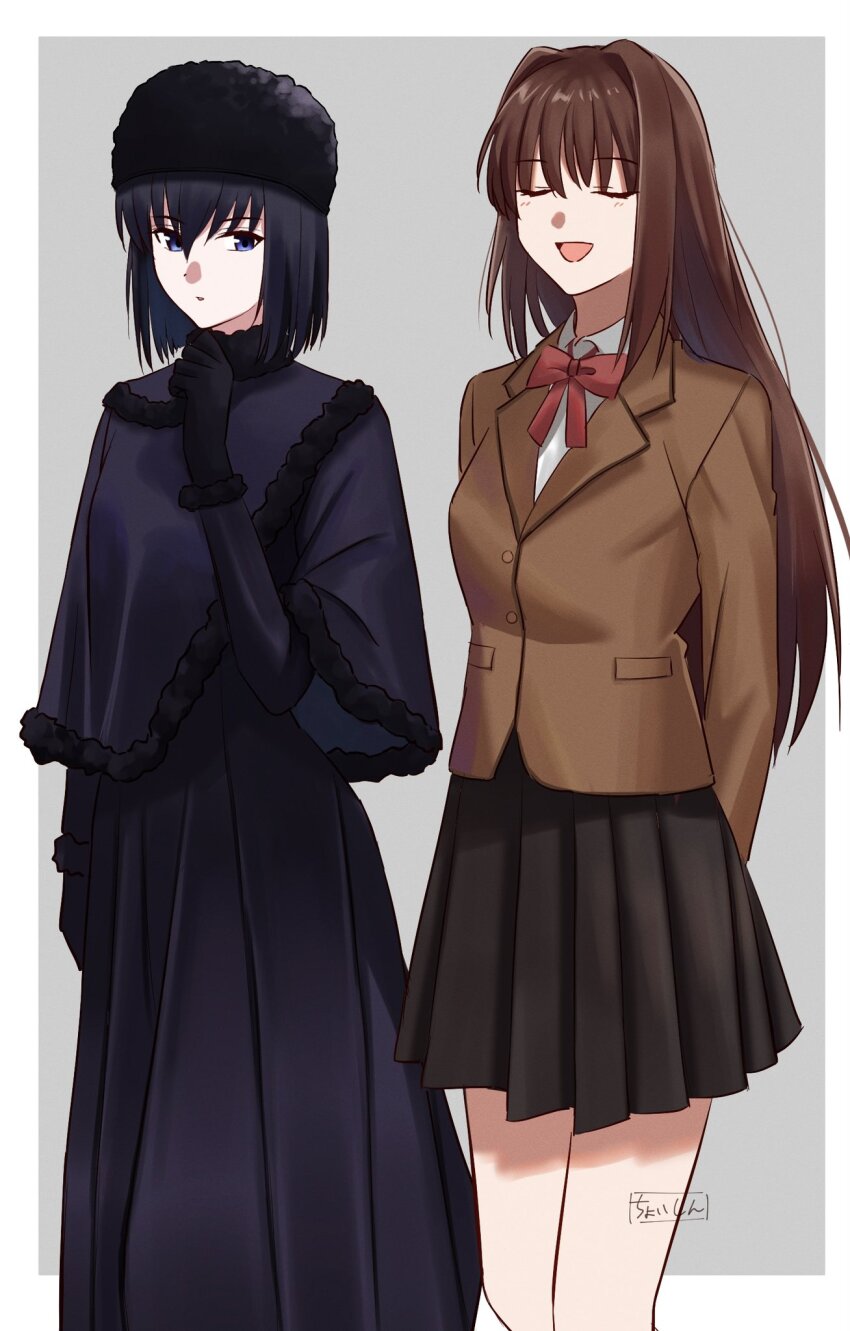 2girls aozaki_aoko arms_behind_back black_capelet black_dress black_gloves black_hair black_headwear black_skirt blazer blush bow bowtie brown_hair brown_jacket capelet closed_eyes collared_shirt commentary_request dress fur-trimmed_capelet fur-trimmed_gloves fur-trimmed_headwear fur_collar fur_hat fur_trim gloves hair_intakes hand_on_own_chin hat highres jacket kuonji_alice long_sleeves looking_at_another looking_to_the_side mahou_tsukai_no_yoru multiple_girls open_mouth pleated_skirt purple_eyes red_bow red_bowtie school_uniform shintyoi2 shirt skirt smile ushanka white_shirt