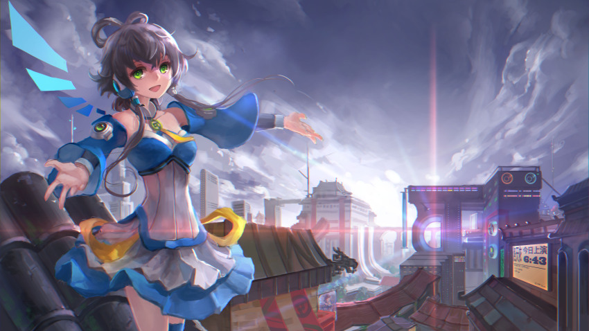 1girl absurdres black_hair breasts cleavage cloud detached_sleeves female_focus green_eyes grey_hair highres landscape lens_flare long_hair luo_tianyi renyu1012 rooftop smile solo thighhighs vocaloid vsinger_(vocaloid)