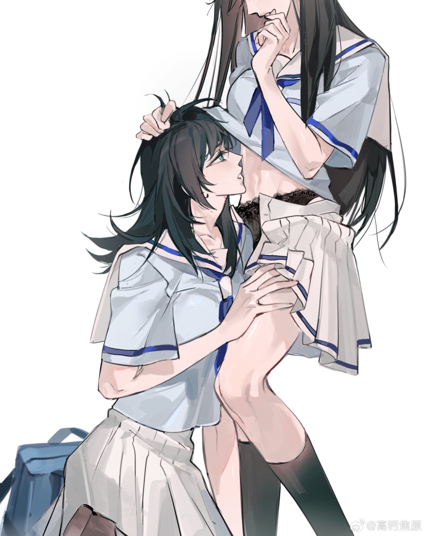 2girls absurdres bag bang_dream! bang_dream!_it&#039;s_mygo!!!!! black_hair black_panties black_socks blue_bag blue_shirt breasts chinese_commentary commentary_request green_eyes hanasakigawa_school_uniform hand_on_another&#039;s_thigh hand_up head_out_of_frame highres kneehighs kneeling long_hair m_omoo medium_breasts messy_hair midriff multiple_girls navel panties pleated_skirt sailor_collar school_bag school_uniform serafuku shiina_taki shirt short_sleeves simple_background skirt socks straight_hair underwear undressing_another white_background white_sailor_collar white_skirt yahata_umiri yuri