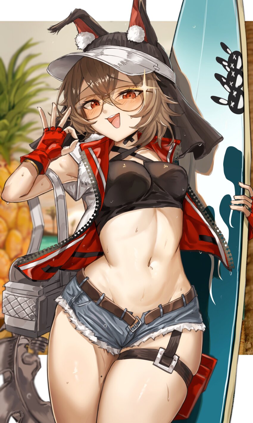 1girl :d absurdres animal_ears arknights bag belt belt_buckle black_shirt blush breasts brown_belt brown_eyes brown_hair buckle caper_(arknights) caper_(summer_flowers)_(arknights) cowboy_shot crop_top cropped_shirt crossed_bangs denim denim_shorts fingerless_gloves glasses glint gloves grey_shorts groin hand_up highres holding holding_surfboard jacket mole mole_on_thigh navel official_alternate_costume ok_sign open_mouth putcho red_gloves red_jacket shirt short_hair short_shorts shorts sleeveless sleeveless_shirt smile solo standing stomach surfboard thigh_strap visor_cap