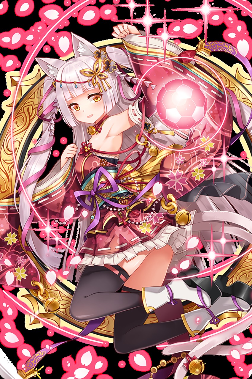 1girl :d alternate_hair_color animal_ears ball bare_shoulders bell black_thighhighs blunt_bangs cat_ears chitose_(soccer_spirits) detached_sleeves female_focus full_body hair_ornament hair_ribbon highres japanese_clothes jingle_bell long_hair looking_at_viewer nail_polish open_mouth pink_nails red_skirt ribbon sandals serin199 skirt smile soccer_ball soccer_spirits solo tail thighhighs transparent_background very_long_hair white_hair wide_sleeves yellow_eyes