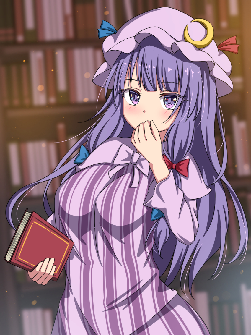 1girl blue_bow blue_ribbon blush book bow breasts capelet crescent crescent_hat_ornament dress frilled_hat frills hair_bow hand_on_own_face hand_up hat hat_ornament highres holding holding_book indoors library long_hair long_sleeves looking_at_viewer patchouli_knowledge purple_bow purple_capelet purple_eyes purple_hair purple_hat red_bow red_ribbon ribbon rimasu71 solo striped_clothes striped_dress touhou upper_body wide_hips