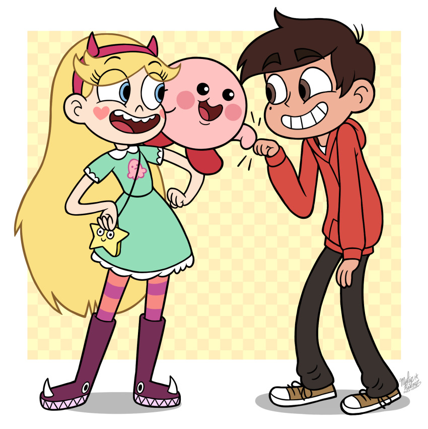 artist_name bare_arms bare_shoulders blonde_hair blue_eyes boots brown_eyes brown_hair crossover facial_mark fist_bump hairband headband heart_cheeks highres kirby kirby_(series) long_hair marco_diaz mast3r-rainb0w nintendo open_mouth pantyhose red_hairband red_headband short_hair signature smile standing star_butterfly star_vs_the_forces_of_evil teeth tongue toon_(style) upper_teeth_only very_long_hair