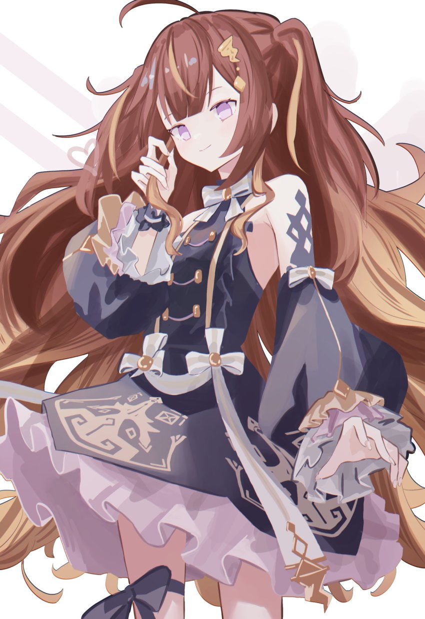 1girl ahoge anya_melfissa anya_melfissa_(1st_costume) bad_id bad_twitter_id black_bow black_dress bow brown_hair detached_sleeves dress flat_chest hair_ornament highres hololive hololive_indonesia long_hair looking_at_viewer mimimi_(temimet) multicolored_hair purple_eyes smile solo streaked_hair thigh_strap two_side_up virtual_youtuber white_bow