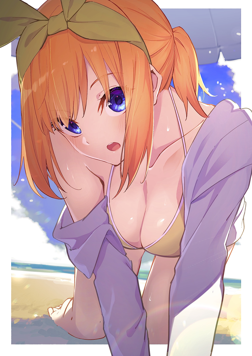 1girl :o absurdres all_fours bare_legs barefoot beach beach_umbrella bikini blue_eyes blush breasts cleavage collarbone commentary_request go-toubun_no_hanayome hairband head_tilt highres jacket looking_at_viewer medium_breasts nakano_yotsuba orange_hair outdoors purple_jacket sidelocks solo swimsuit tamago_sando umbrella yellow_bikini yellow_hairband