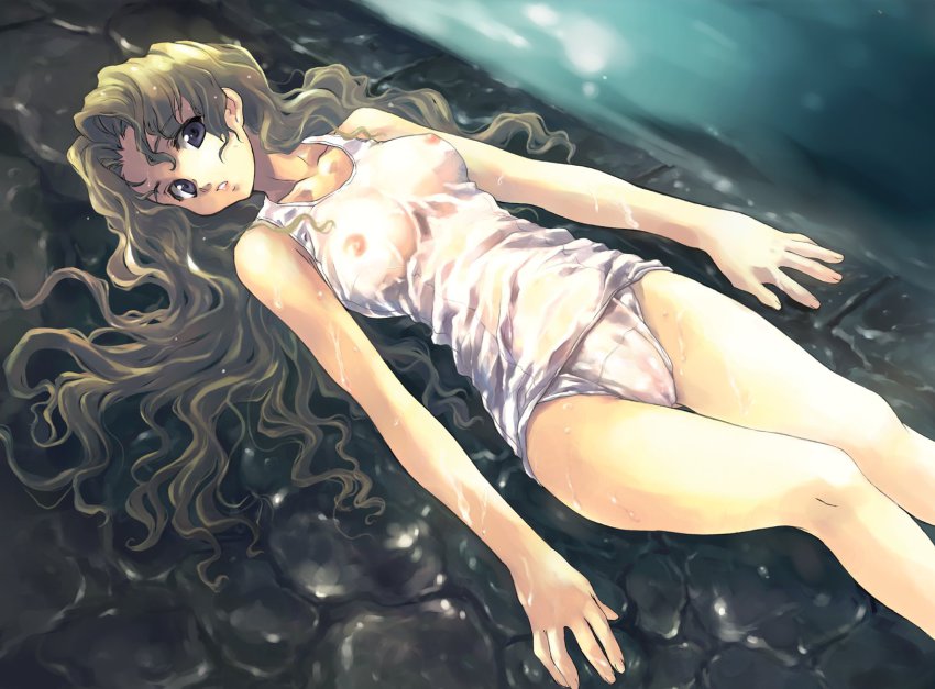 00s 1girl blonde_hair breasts covered_erect_nipples female_focus highres large_breasts legs long_hair lying matsumoto_noriyuki michelle_cheung nipples on_back one-piece_swimsuit original r.o.d_the_tv read_or_die school_swimsuit see-through_clothes solo swimsuit water wet white_one-piece_swimsuit white_school_swimsuit