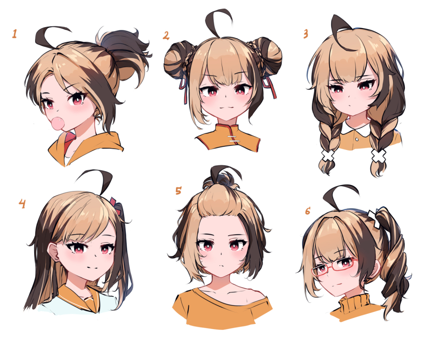 ahoge alternate_hairstyle blonde_hair braid brown_hair chewing_gum collarbone cropped_shoulders double_bun expressionless fian_f.n gigi_murin glasses hair_bun hololive hololive_english light_smile long_hair looking_at_viewer multicolored_hair multiple_views orange_shirt pink_eyes red-framed_eyewear shirt short_hair single_hair_bun sweater turtleneck turtleneck_sweater twin_braids two-tone_hair virtual_youtuber white_background