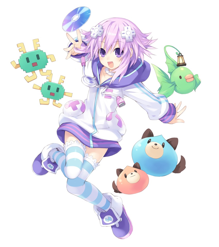 10s 1girl absurdres cd d-pad disc dogoo fish hair_ornament highres looking_at_viewer neptune_(neptunia) neptune_(series) official_art pixelvader purple_eyes purple_hair short_hair smile solo_focus striped_clothes striped_thighhighs thighhighs tsunako