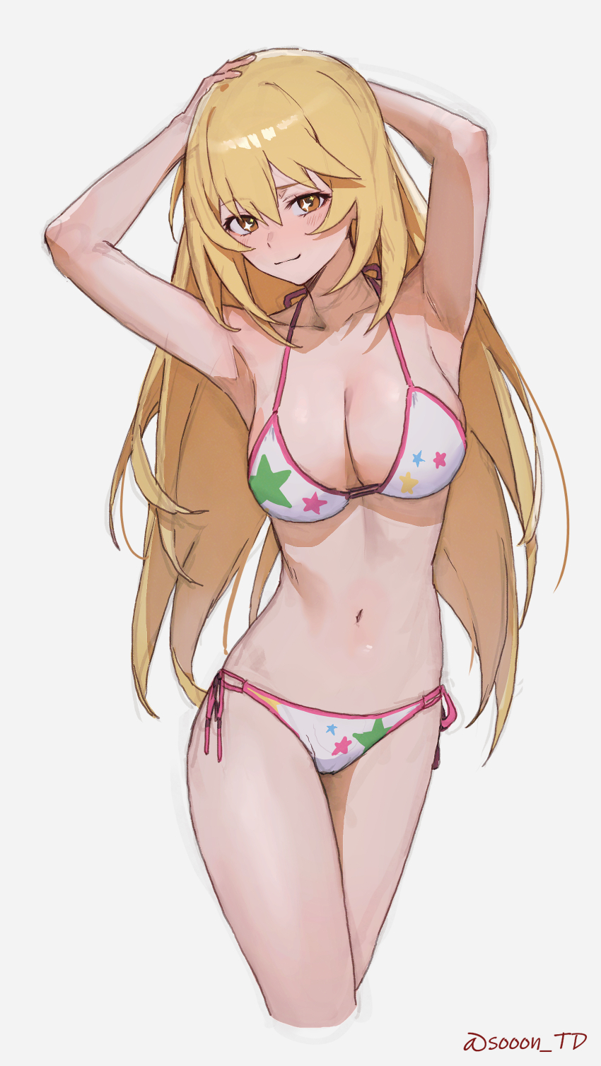 1girl :d absurdres armpits arms_behind_head artist_name bikini blonde_hair blush breasts cleavage commentary hair_between_eyes highres large_breasts long_hair looking_at_viewer navel official_alternate_costume open_mouth print_bikini seductive_gaze seductive_smile shokuhou_misaki shokuhou_misaki_(desired_swimsuit) side-tie_bikini_bottom simple_background smile solo sooon sparkling_eyes star_(symbol) star_print stomach swimsuit teeth toaru_kagaku_no_railgun toaru_majutsu_no_index toaru_majutsu_no_index:_imaginary_fest upper_teeth_only white_background white_bikini yellow_eyes