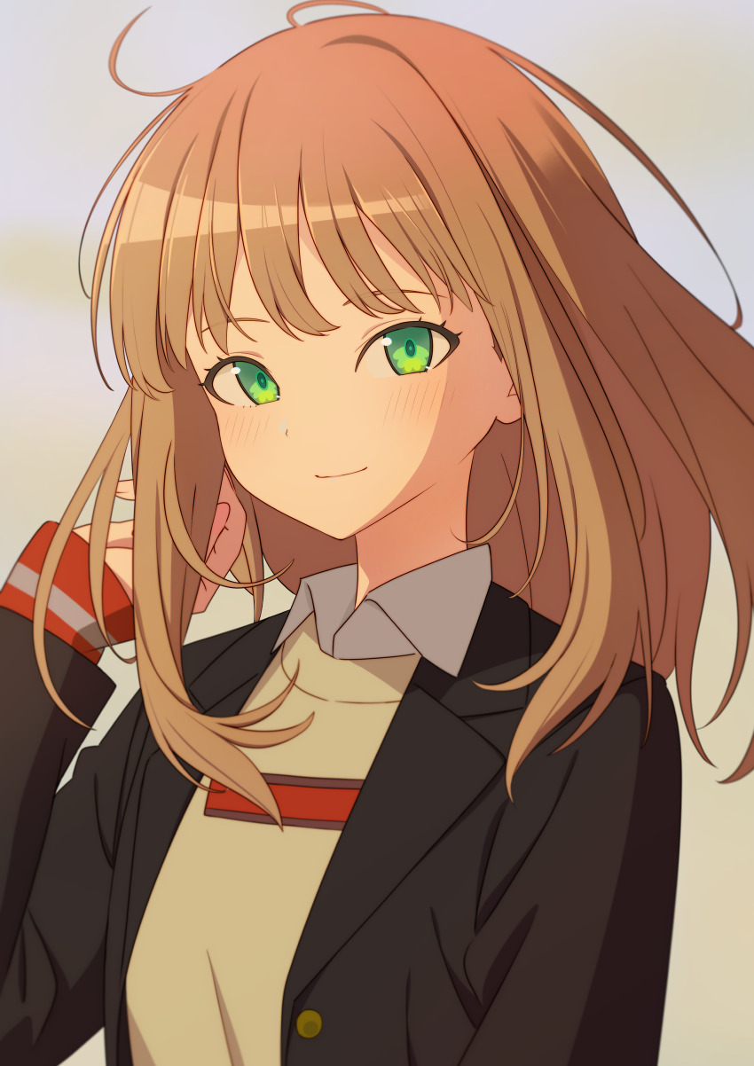 07nono06 1girl absurdres black_jacket blazer blush brown_hair closed_mouth green_eyes grey_background gridman_universe highres jacket long_hair long_sleeves minami_yume open_clothes open_jacket school_uniform sleeves_past_wrists smile solo ssss.dynazenon straight_hair sweater upper_body wing_collar yellow_sweater