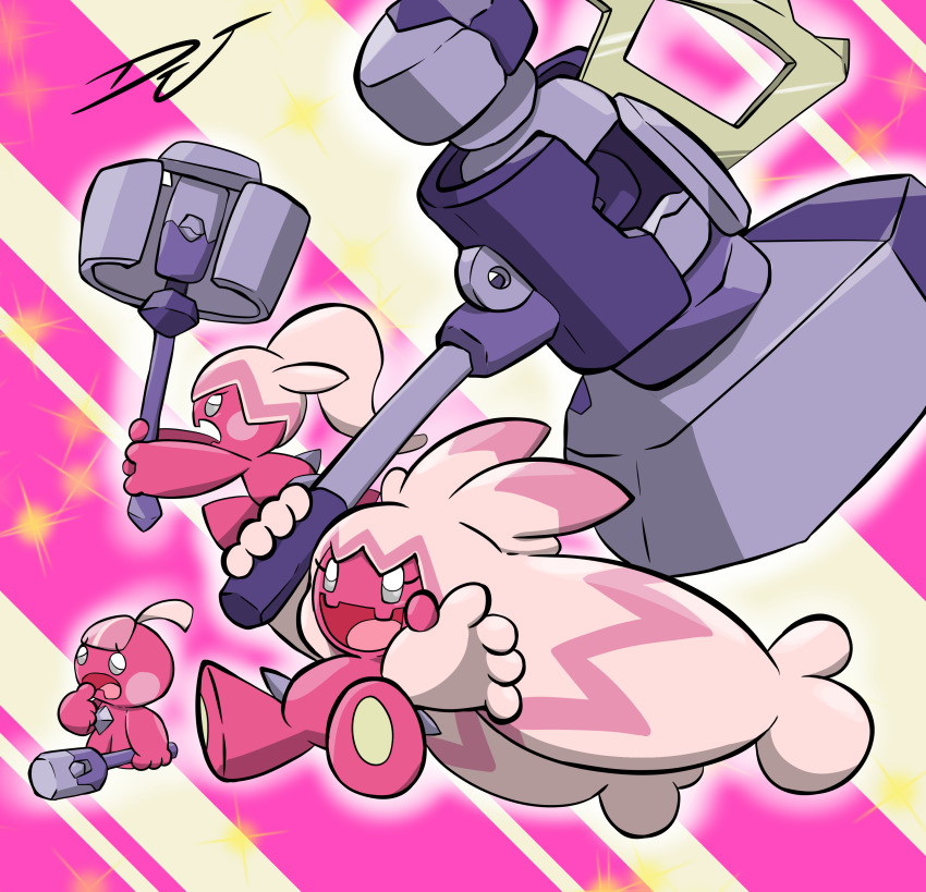 3girls absurdres artist_name blush_stickers colored_skin creatures_(company) evolutionary_line game_freak hammer highres holding holding_hammer huge_weapon inkbooba long_hair monster_girl multiple_girls nintendo no_humans pink_background pink_hair pink_skin pokemon pokemon_(creature) ponytail tinkatink tinkaton tinkatuff twintails weapon