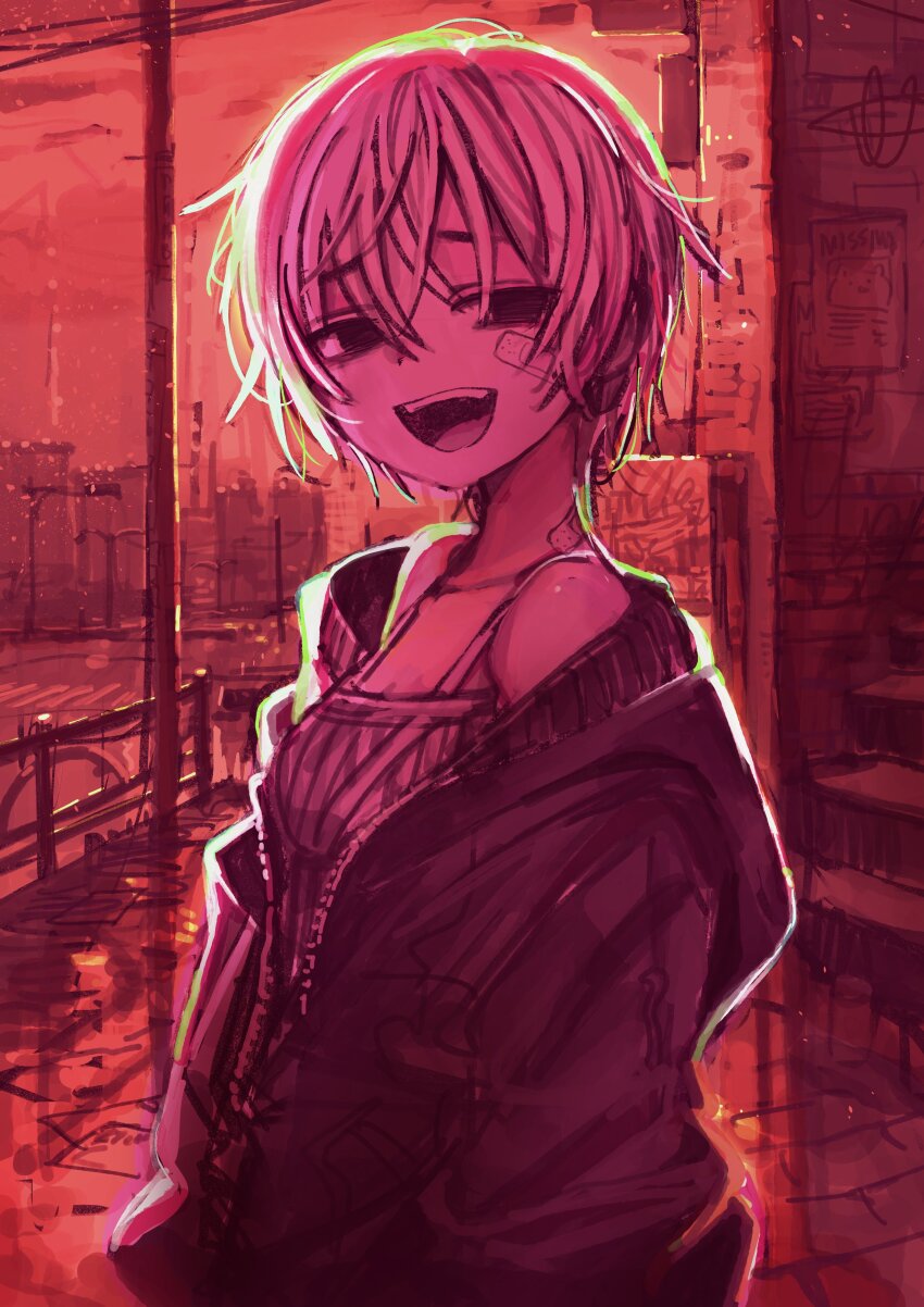 1girl absurdres bandaid bandaid_on_cheek bandaid_on_face bare_shoulders chou_(danny8461) commentary_request dress flat_chest highres jacket looking_at_viewer monochrome off_shoulder open_mouth original outdoors red_theme short_hair sketch solo upper_body