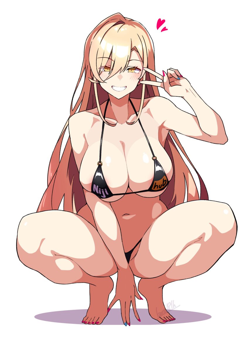 1girl batta_16-sei bikini black_bikini blonde_hair blush brand_name_imitation breasts collarbone grin hair_between_eyes heart highres large_breasts logo_parody long_hair looking_at_viewer meme micro_bikini nail_polish navel nijihub_(meme) nijisanji nui_sociere pornhub simple_background smile solo squatting swimsuit v virtual_youtuber white_background yellow_eyes