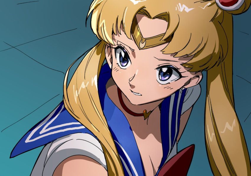 1girl bishoujo_senshi_sailor_moon bishoujo_senshi_sailor_moon_s blonde_hair bow breasts choker cleavage collarbone derivative_work earrings gold_headband head_tilt jewelry looking_to_the_side meme parted_bangs purple_eyes red_bow sailor_collar sailor_moon sailor_moon_redraw_challenge_(meme) screenshot_redraw solo thundergotch tsukino_usagi twintails