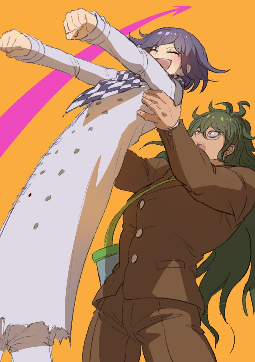 2boys :d absurdres brown_jacket brown_pants buttons checkered_clothes checkered_scarf clenched_hands closed_eyes danganronpa_(series) danganronpa_v3:_killing_harmony glasses gokuhara_gonta green_hair grey_jacket grey_pants highres insect_cage jacket lifting_person long_hair long_sleeves longcat_(meme) male_focus meme multiple_boys open_mouth orange_background pants scarf short_hair simple_background smile youko-shima