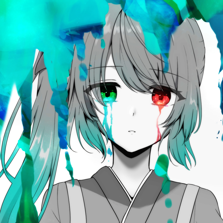 1girl aqua_eyes aqua_hair crying crying_with_eyes_open gradient_hair heterochromia highres japanese_clothes kimono long_hair looking_at_viewer magia_record:_mahou_shoujo_madoka_magica_gaiden mahou_shoujo_madoka_magica multicolored_hair parted_lips partially_colored portrait red_eyes side_ponytail sidelocks simple_background solo splatter swept_bangs swkanon0419 tears uwasa_no_tsuruno white_background yui_tsuruno