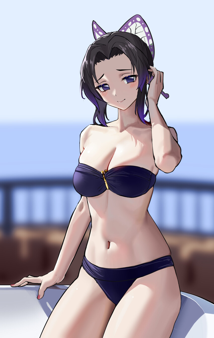 1girl absurdres arm_up bikini black_bikini black_hair blurry blurry_background blush breasts butterfly_hair_ornament cleavage closed_mouth collarbone cowboy_shot day depth_of_field gradient_hair hair_ornament highres kimetsu_no_yaiba kochou_shinobu large_breasts looking_at_viewer multicolored_hair nail_(hardware) navel northman outdoors purple_eyes red_nails short_hair sidelocks smile solo stomach strapless strapless_bikini swimsuit