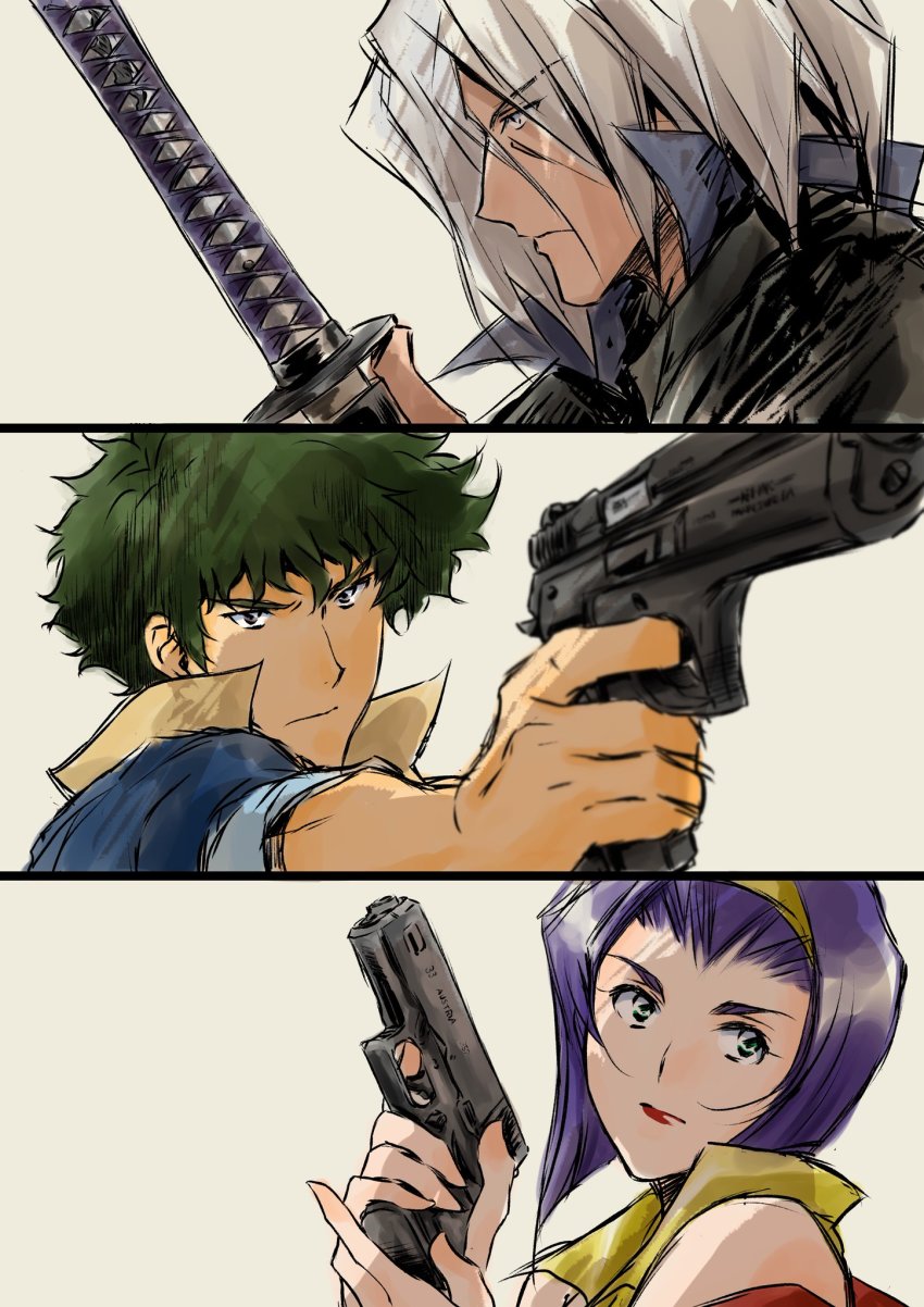 1girl 2boys cowboy_bebop faye_valentine gun hairband highres holding holding_weapon lipstick makeup multiple_boys purple_hair spike_spiegel tobalin vicious_(cowboy_bebop) weapon yellow_hairband