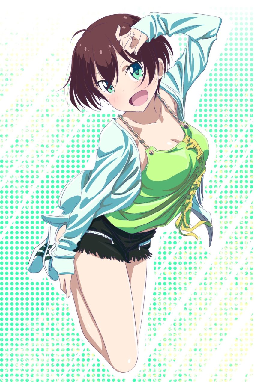 1girl :d arm_up black_shorts blue_jacket breasts brown_hair cleavage collarbone green_eyes green_shirt head_tilt highres jacket looking_at_viewer makicha_(sasurainopink) medium_breasts new_game! open_clothes open_jacket open_mouth ribbon shinoda_hajime shirt shoes short_hair short_shorts shorts sleeveless sleeveless_shirt smile sneakers solo white_footwear yellow_ribbon