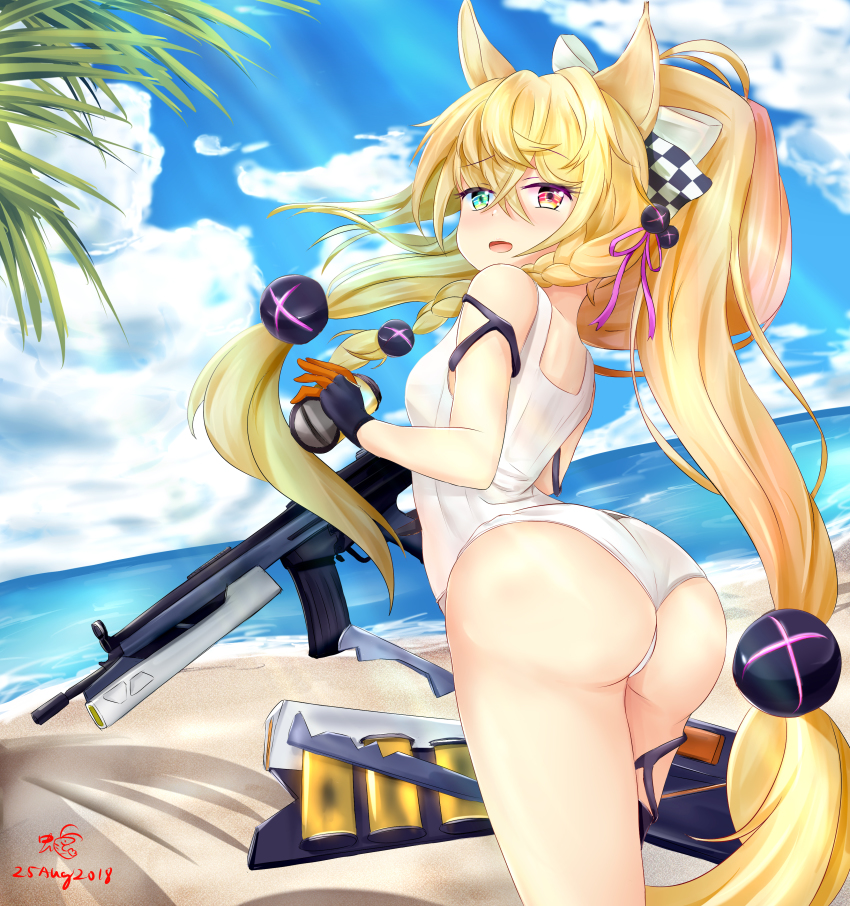 1girl absurdres animal_ears ass assault_rifle bare_shoulders blonde_hair blush bow breasts female_focus fingerless_gloves from_behind g41_(girls&#039;_frontline) girls&#039;_frontline gloves green_eyes gun hair_bow hair_ornament heterochromia highres large_breasts long_hair looking_at_viewer one-piece_swimsuit ponytail red_eyes rifle sbs shiny_clothes shiny_skin sideboob solo swimsuit very_long_hair weapon