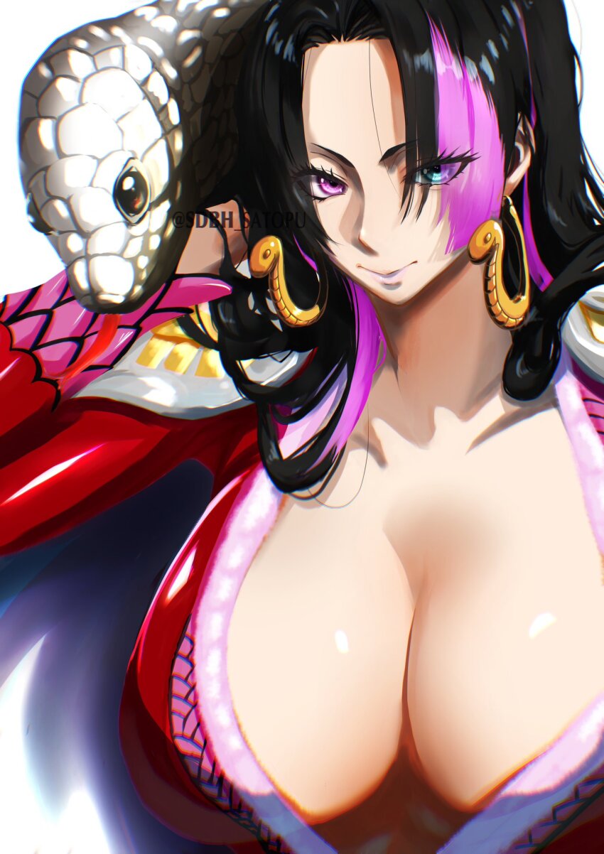 black_hair blue_eyes boa_hancock boa_hancock_(cosplay) breasts collarbone cosplay earrings han_juri heterochromia highres jewelry large_breasts long_hair multicolored_hair one_piece purple_eyes purple_hair satopuu simple_background snake snake_earrings streaked_hair street_fighter two-tone_hair upper_body white_background white_snake