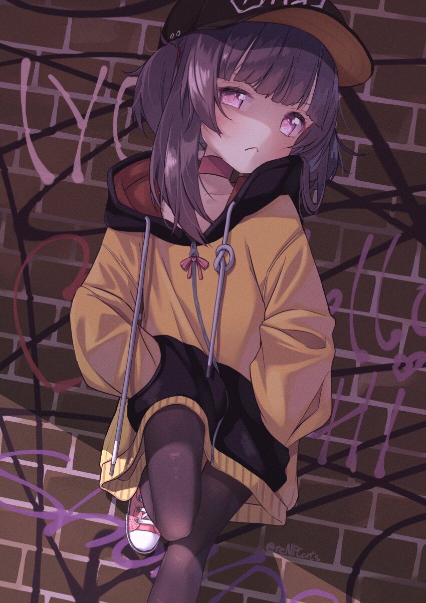 1girl absurdres against_wall baseball_cap black_hat black_pantyhose blunt_bangs brick_wall choker drawstring fallenshadow foot_out_of_frame frown hands_in_pockets hat highres hood hoodie indie_virtual_youtuber kiirokuma knot looking_at_viewer one_side_up pantyhose purple_eyes purple_hair red_choker red_footwear shoes sidelocks sneakers solo virtual_youtuber yellow_hoodie