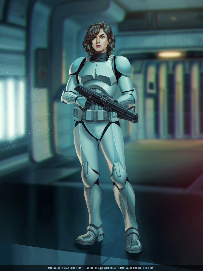 1girl absurdres armor artist_name artstation_username audia_pahlevi blurry blurry_background brown_hair depth_of_field deviantart_username email_address gun highres holding holding_gun holding_weapon indoors looking_at_viewer no_headwear purple_eyes science_fiction short_hair solo standing star_wars stormtrooper watermark weapon web_address white_armor