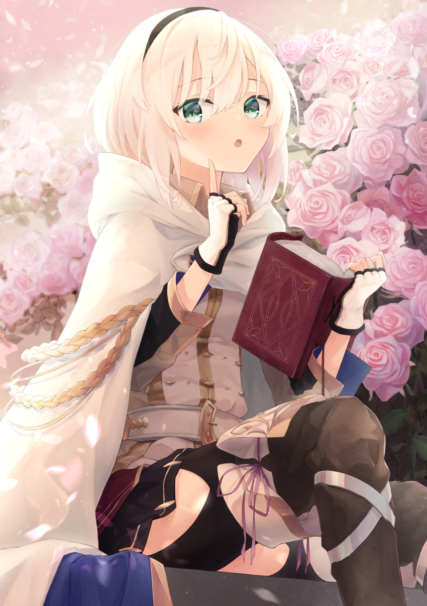 1girl :o absurdres amnesia_(majo_no_tabitabi) belt black_hairband black_thighhighs blush book cape collared_shirt cowboy_shot fingerless_gloves flower gloves green_eyes hair_between_eyes hairband hand_up hedge highres holding holding_book long_sleeves looking_at_viewer majo_no_tabitabi minau37 open_mouth pink_flower pointing pointing_up shirt short_hair sidelocks sitting skirt solo thighhighs white_cape white_gloves white_hair white_shirt