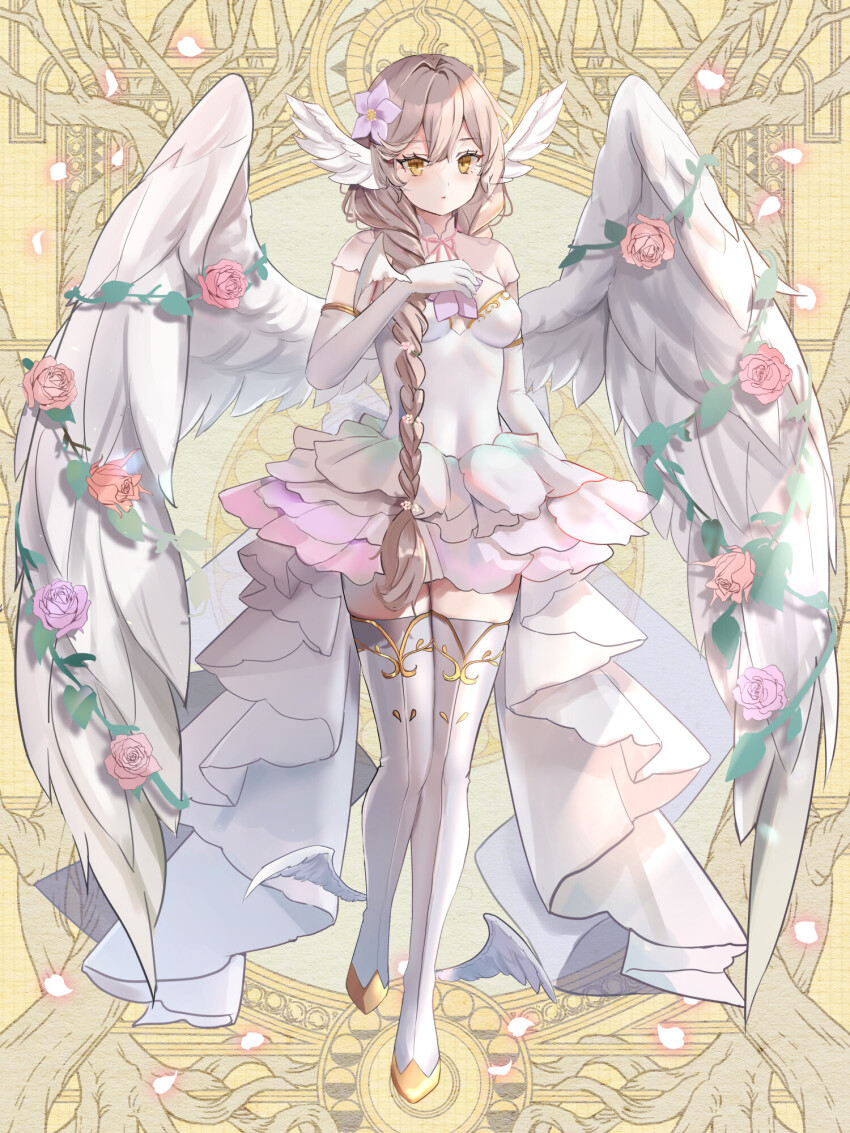 1girl breasts brown_hair covered_navel dairoku_ryouhei dress elbow_gloves flower full_body gloves gold_trim grey_thighhighs hair_flower hair_ornament head_wings highres iris_petal long_hair looking_at_viewer petals small_breasts solo standing suzuma_(suzuma_illust) thighhighs white_wings wings yellow_background yellow_eyes