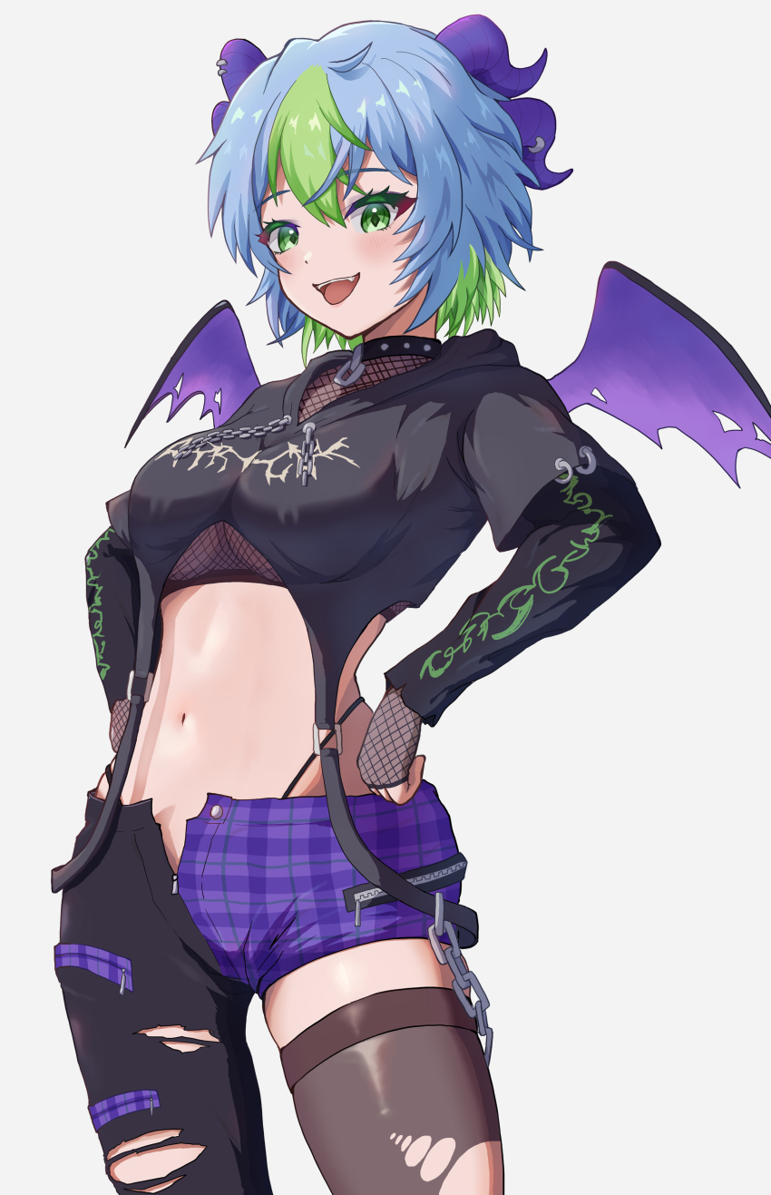 1girl absurdres apricot_the_lich apricot_the_lich_(goth) black_hoodie black_pants black_thighhighs cropped_hoodie demon_girl demon_horns demon_wings fishnet_gloves fishnets gloves green_eyes green_hair highleg highleg_panties highres hood hoodie horns looking_at_viewer meibin multicolored_hair multiple_horns open_mouth panties pants partially_unzipped short_hair single_thighhigh smile solo streaked_hair thighhighs torn_clothes torn_thighhighs underwear virtual_youtuber vshojo white_background wings