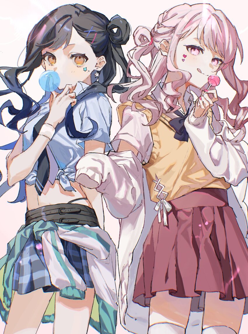 1girl 1other akiyama_mizuki bad_id bad_twitter_id black_hair black_necktie blowing_bubbles blue_hair blue_shirt blue_skirt braid candy chewing_gum closed_mouth collared_shirt commentary_request cowboy_shot food gradient_hair hair_bun hair_ornament hairclip hand_up highres holding holding_candy holding_food holding_lollipop inactive_account lollipop long_hair long_sleeves looking_at_viewer midriff miniskirt multicolored_hair nanashiro_(7_shiro_) necktie off_shoulder pink_eyes pink_hair plaid_clothes plaid_skirt pleated_skirt project_sekai red_skirt shiraishi_an shirt short_sleeves skirt sleeves_past_fingers sleeves_past_wrists smile standing sweater_vest tongue tongue_out white_shirt