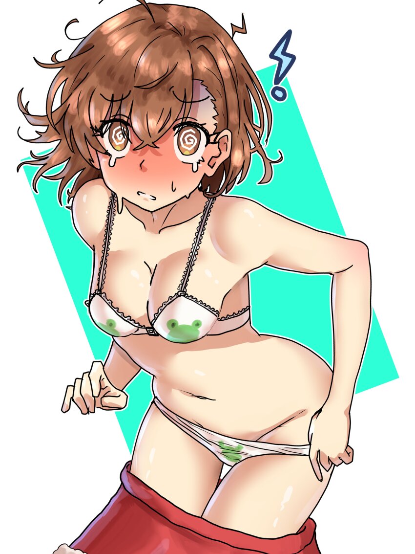 ! 1girl @_@ absurdres animal_print asymmetrical_bangs blue_background blush bra breasts brown_eyes brown_hair collarbone commentary crossed_bangs ebora embarrassed english_commentary frog_bra frog_panties frog_print gekota groin hair_between_eyes highres lightning_bolt_symbol matching_underwear medium_breasts misaka_mikoto navel panties panty_pull print_bra print_panties pulling_own_clothes short_hair solo thigh_gap toaru_kagaku_no_railgun toaru_majutsu_no_index two-tone_background underwear undressing white_background white_bra white_panties